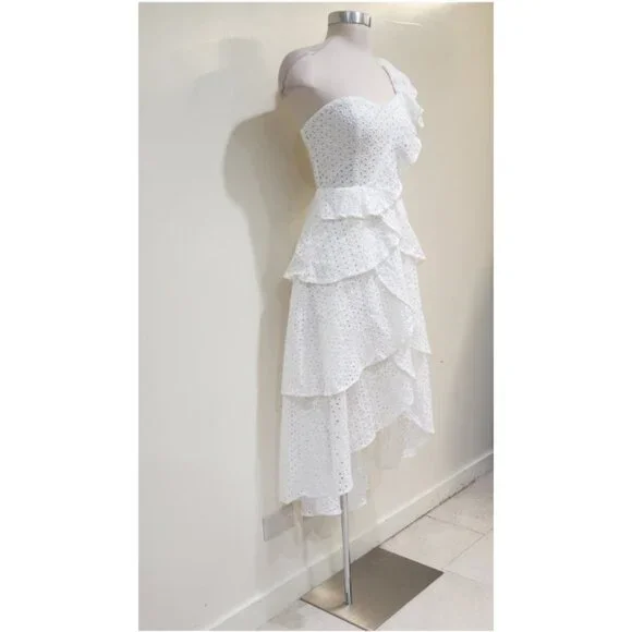 💋UBER GORGE!💋White Floral Crochet One Shoulder Ruffled Asymmetrical Dress - Picture 11 of 16